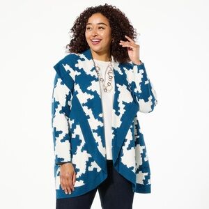 MarlaWynne Teal and Cream Houndstooth Belted Shawl Cardigan